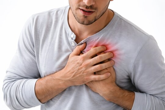 Homem com dor no peito segurando o t&oacute;rax, conceito de sa&uacute;de e emerg&ecirc;ncia m&eacute;dica