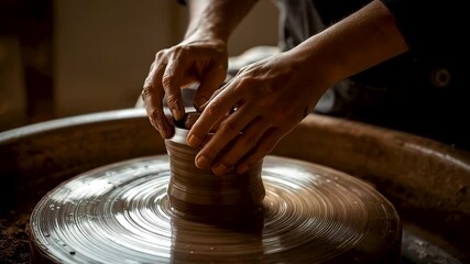 Skilled Artisan Shaping Clay Vessel on Spinning Pottery Wheel Using Hands with Focused Craftsmanship in Warm Studio Light