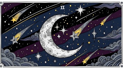 Celestial wonder A crescent moon shines brightly amidst a starry sky filled with shooting stars and cosmic clouds, depicting a mystical night