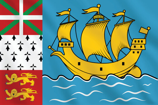 Waving Flag of Saint Pierre and Miquelon French Overseas Collectivity with Ship and Heraldic Symbols