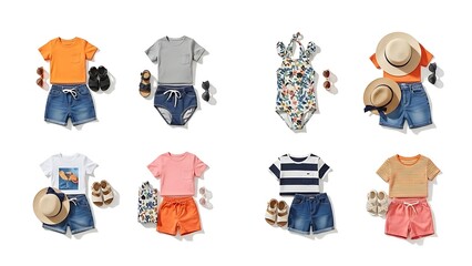 Summer outfits collection colorful clothes and accessories