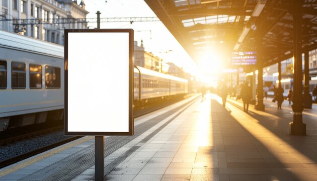 Blank vertical advertising billboard stands on a busy railway platform next to a train, bathed in warm golden hour light.