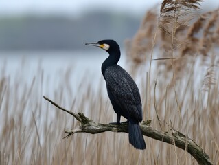 Great cormorant perched amidst reeds in serene wetland setting.