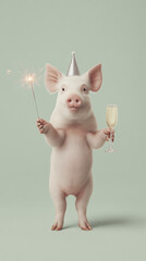 Pig Toasting With Champagne And Festive Gear, Humorous Pig Sporting Silver Cone Hat Celebrating Success