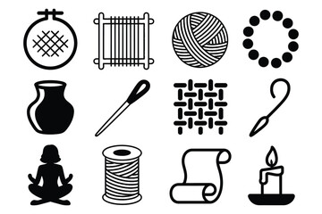 Brutalist craft icons featuring handcrafted art silhouettes like embroidery loom pottery and yarn ball for artisan branding design