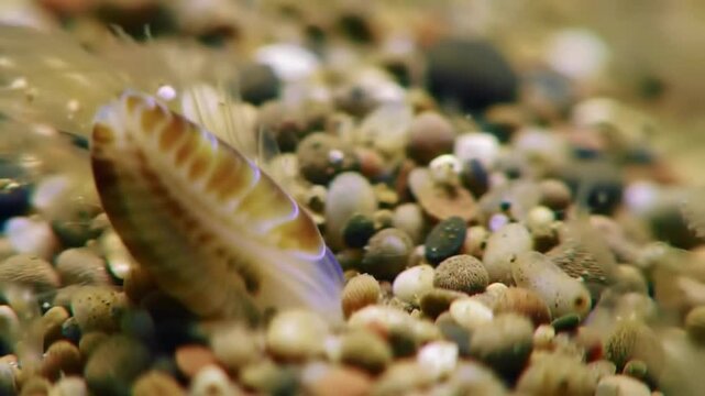 Macro close-up of a tiny translucent sea creature and a shell on sand underwater, for education