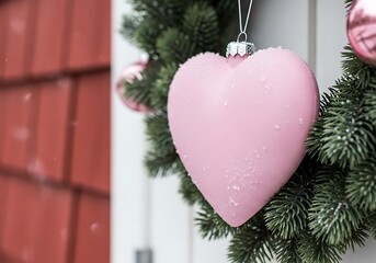 Pink heart ornament dusted with snow hangs on a festive pine wreath.