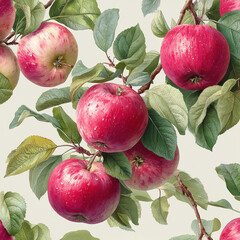 Fresh red apples hanging on branch with green leaves natural fruit background