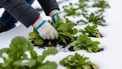 Harvesting Hardy Greens in Winter Garden