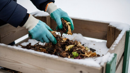Hands Composting Kitchen Scraps in Winter