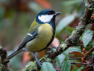Fototapeta premium Great tit perched on a mossy branch in natural habitat.
