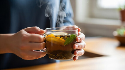 Hands Holding Steaming Winter Herbal Tea