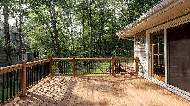 Spacious wooden deck attached to a suburban house surrounded by tall trees creating a peaceful outdoor living space for relaxation and family time