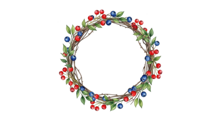 Rustic wreath of red berries blue blueberries and green leaves