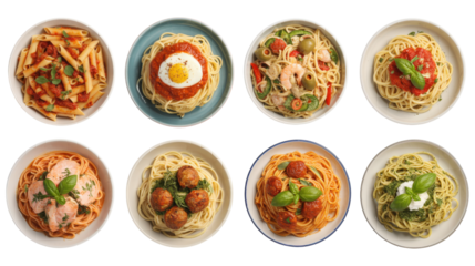 A row of white plates with various pasta dishes on them