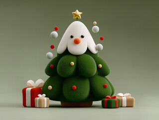 Christmas tree character with star topper and floating ornaments surrounded by gift boxes in a playful 3D holiday style