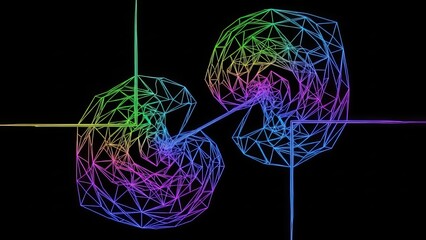 Abstract Wireframe Forms with Rainbow Gradient, Digital Art, Black Background