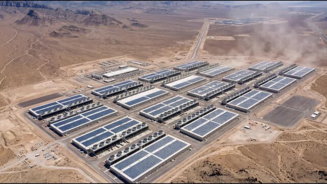 Aerial view of large hyperscale data center campus in desert region