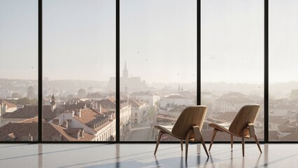 Serene moment for couples enjoying view from modern wooden chairs overlooking city skyline