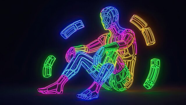 Colorful neon wireframe human figure sitting, abstract digital art, glowing lines, dark background - Powered by Adobe