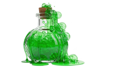 Green bubbling liquid overflowing from a glass potion bottle with cork stopper on black background green liquid