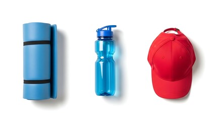 Workout essentials yoga mat water bottle and cap isolated