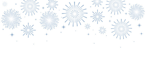 Fototapeta premium Elegant blue fireworks burst and sparkling stars on clean white background, festive celebration illustration for New Year, holiday party, greeting card, luxury event design, minimalist style vector.