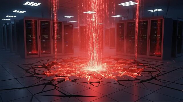 Data center server racks explode with intense red energy beam and shattered floor
