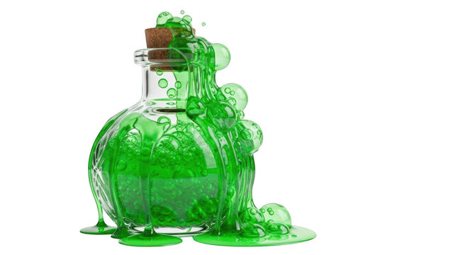 Green bubbling liquid overflowing from a glass potion bottle with cork stopper on black background green liquid