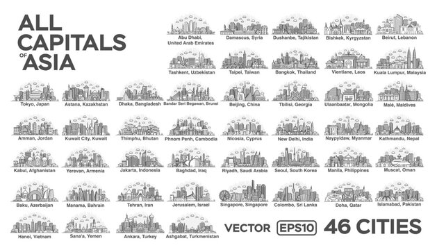 All capitals of Asia. 46 cities in a linear style with famous views and landmarks. Skyline city line illustrations.