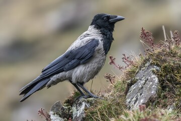Hooded crow in natural habitat on rocky terrain.
