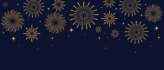 Elegant gold fireworks burst and sparkling stars on clean blue background, festive celebration illustration for New Year, holiday party, greeting card, luxury event design, minimalist style vector. © bibin