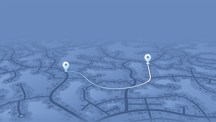 3D city map with navigation route and location markers. Abstract GPS tracking concept background. Vector illustration.