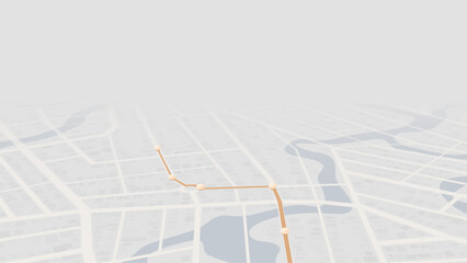 Light isometric city plan with orange path and waypoints. Minimalist urban navigation layout design. Vector illustration.