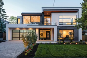 Modern two-story house with large windows and well-manicured lawn at dusk