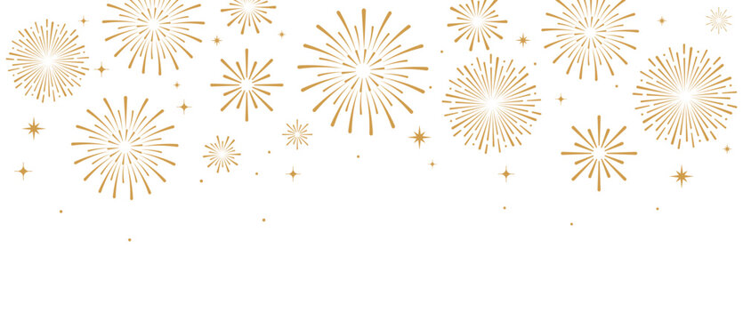 Elegant gold fireworks burst and sparkling stars on clean white background, festive celebration illustration for New Year, holiday party, greeting card, luxury event design, minimalist style vector.