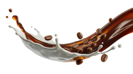 A splash of milk and coffee with coffee beans floating in the air