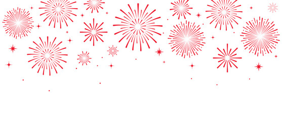 Elegant red fireworks burst and sparkling stars on clean white background, festive celebration illustration for New Year, holiday party, greeting card, luxury event design, minimalist style vector. © bibin