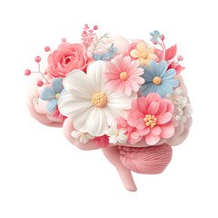 brain with blooming flowers PNG. concept of imagination, creativity and mental growth, isolated on transparent background