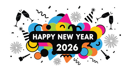 A vibrant and colorful new year celebration design featuring confetti glasses and the year 2026