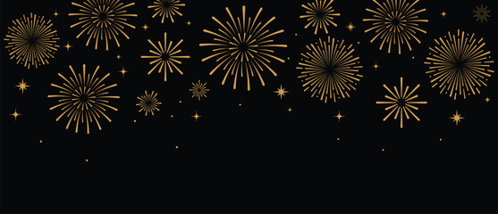 Elegant gold fireworks burst and sparkling stars on clean black background, festive celebration illustration for New Year, holiday party, greeting card, luxury event design, minimalist style vector. © bibin