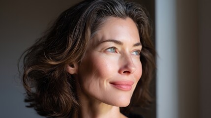 White woman with fine lines visible, gazing thoughtfully out of a window, showcasing natural beauty and elegance in a soft, warm light with a serene atmosphere