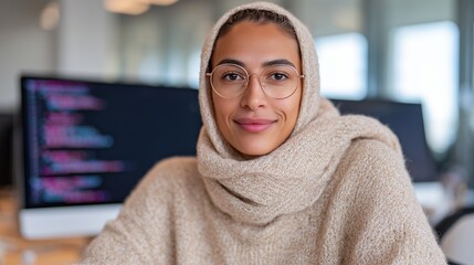 Young Arab software engineer seated at desk, wearing cozy sweater and glasses, smiling confidently in modern office with computer screens displaying code in the background