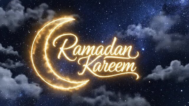 Glowing crescent moon and "Ramadan Kareem" greeting against a starry night sky with clouds