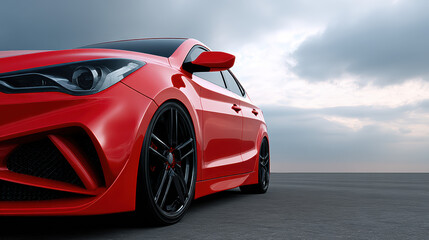 A vibrant red car showcases its sleek design and sporty appeal against a dramatic sky, emphasizing modern automotive aesthetics and high performance capabilities.