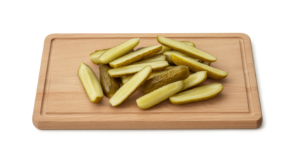 A wooden cutting board with pickles