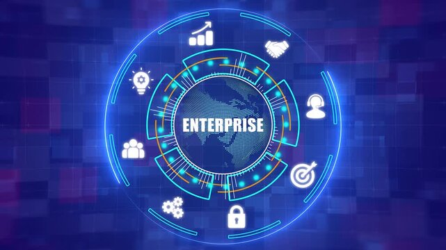 Global Enterprise Solutions and Corporate Technology Infrastructure with Digital HUD Animation - Powered by Adobe