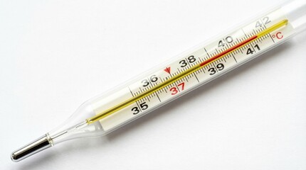 Close-up of a medical thermometer showing a reading of approximately 37.5 degrees Celsius, indicating a slight fever