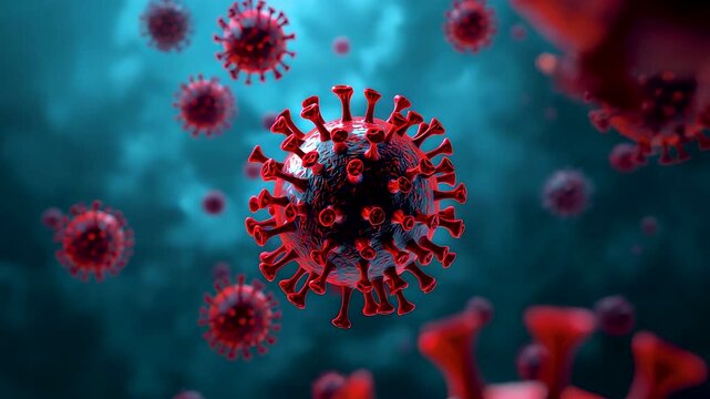 Microscopic virus particles floating in a dark biological environment showing infectious pathogens cellular spread and medical science research focus