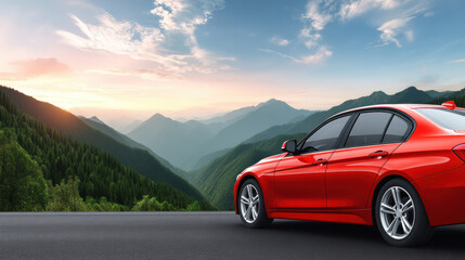 A vibrant red sedan sits on a paved road overlooking a breathtaking panorama of rolling green mountains as the sun sets casting a warm glow across the horizon.